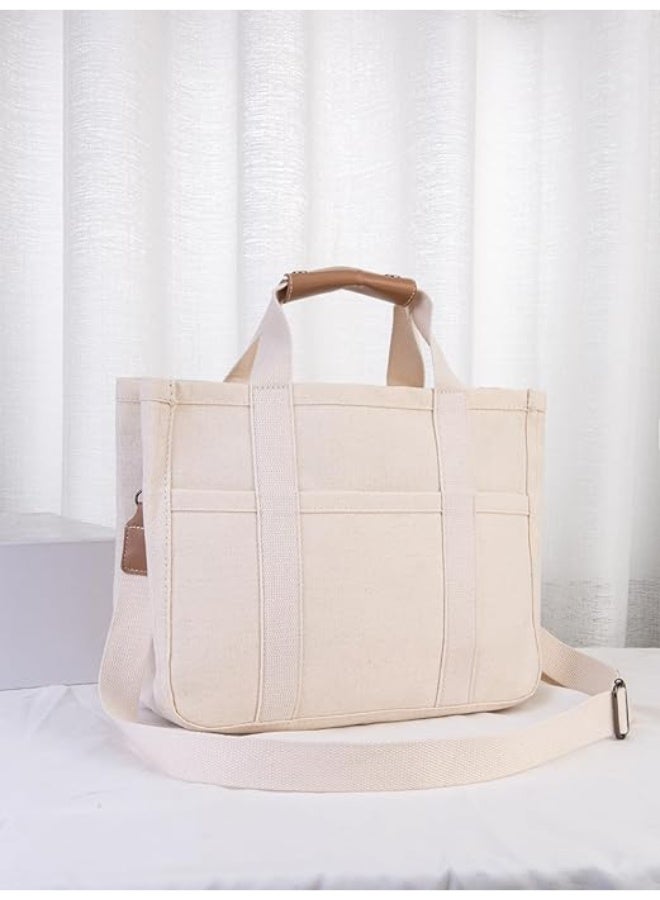 Arabest Canvas Tote Bag with Multi Pockets Large Capacity Crossbody Trendy Shoulder Satchel Handbag Small Tote Bag with Compartments - Image 2