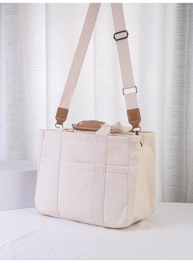 Arabest Canvas Tote Bag with Multi Pockets Large Capacity Crossbody Trendy Shoulder Satchel Handbag Small Tote Bag with Compartments - Image 5