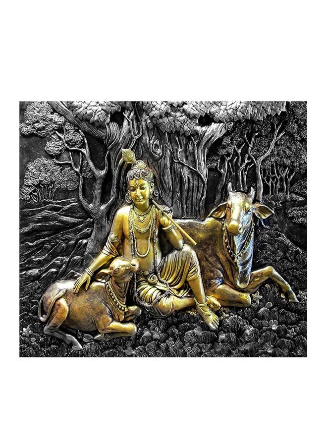 Masstone Krishna with Cow Embossed Painting | 3D Wall Art | Sparkle Coated Vinyl | 18 x 24 Inch | Krishna Painting for Living Room - Image 1