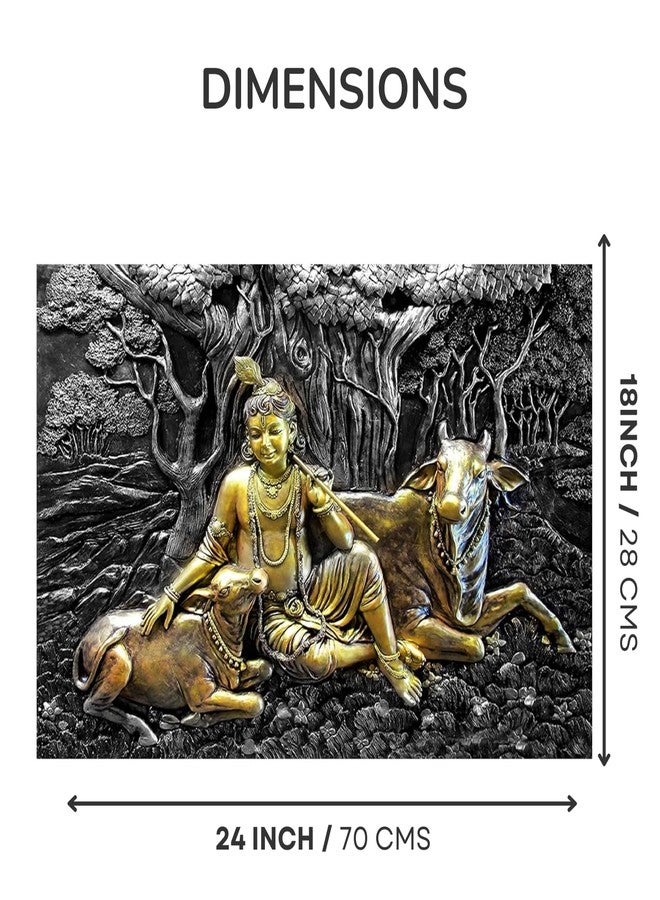 Masstone Krishna with Cow Embossed Painting | 3D Wall Art | Sparkle Coated Vinyl | 18 x 24 Inch | Krishna Painting for Living Room - Image 2