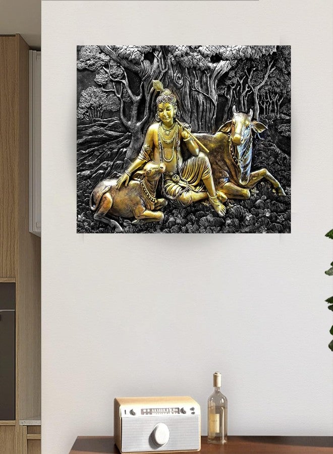 Masstone Krishna with Cow Embossed Painting | 3D Wall Art | Sparkle Coated Vinyl | 18 x 24 Inch | Krishna Painting for Living Room - Image 3
