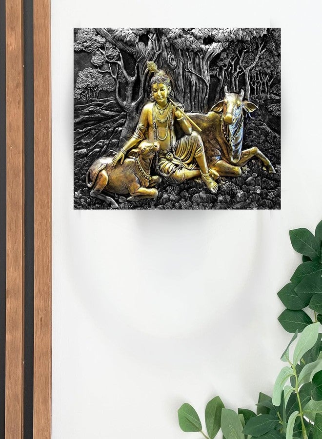Masstone Krishna with Cow Embossed Painting | 3D Wall Art | Sparkle Coated Vinyl | 18 x 24 Inch | Krishna Painting for Living Room - Image 4