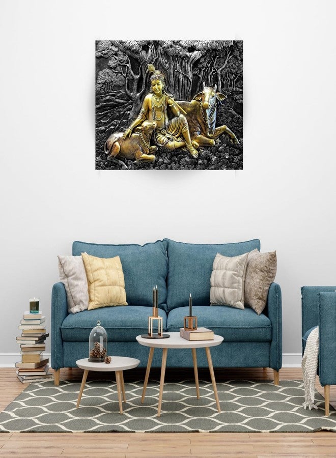 Masstone Krishna with Cow Embossed Painting | 3D Wall Art | Sparkle Coated Vinyl | 18 x 24 Inch | Krishna Painting for Living Room - Image 5