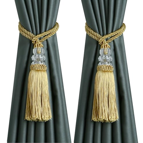 HedongHexi Curtain Tiebacks with Tassel, Outdoor Elegant Decorative Curtain Holdback,Modern Rope Window Curtain Ties Backs for Draperies with Hooks 2 Pack (2, Gold) - Image 1