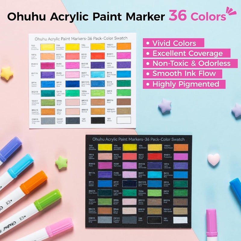 Ohuhu Acrylic Paint Markers - 36 Colors Dual Tips, High Opacity, Waterproof for Various Surfaces - Image 2