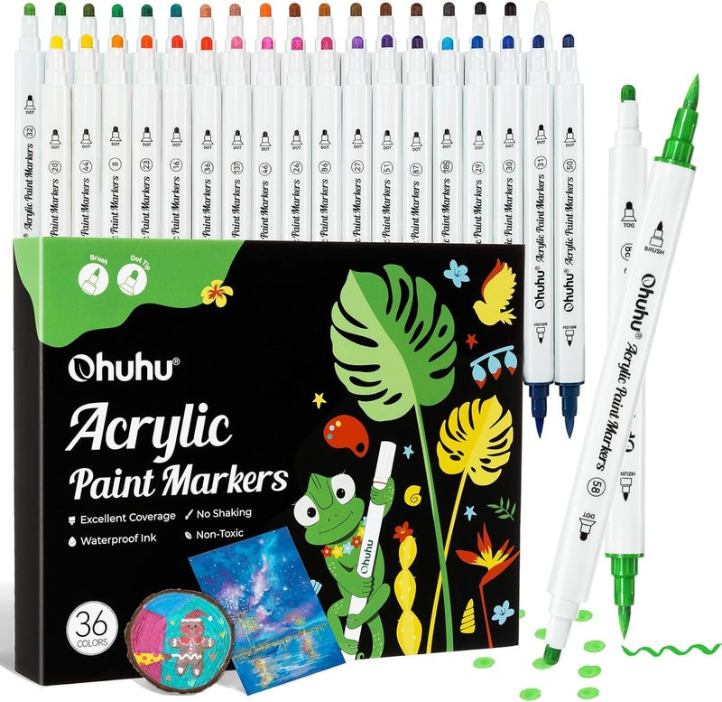 Ohuhu Acrylic Paint Markers - 36 Colors Dual Tips, High Opacity, Waterproof for Various Surfaces - Image 1
