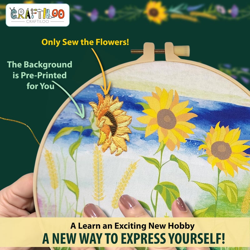 CRAFTILOO Embroidery Kit for Beginners Adults â€” 4 Floral Stamped Patterns, Learn 17 Stitches | Complete Needlepoint Kit with Hoop, Needles, Thread & Video Tutorial | Embroidery Kits for Adults Women - Image 4