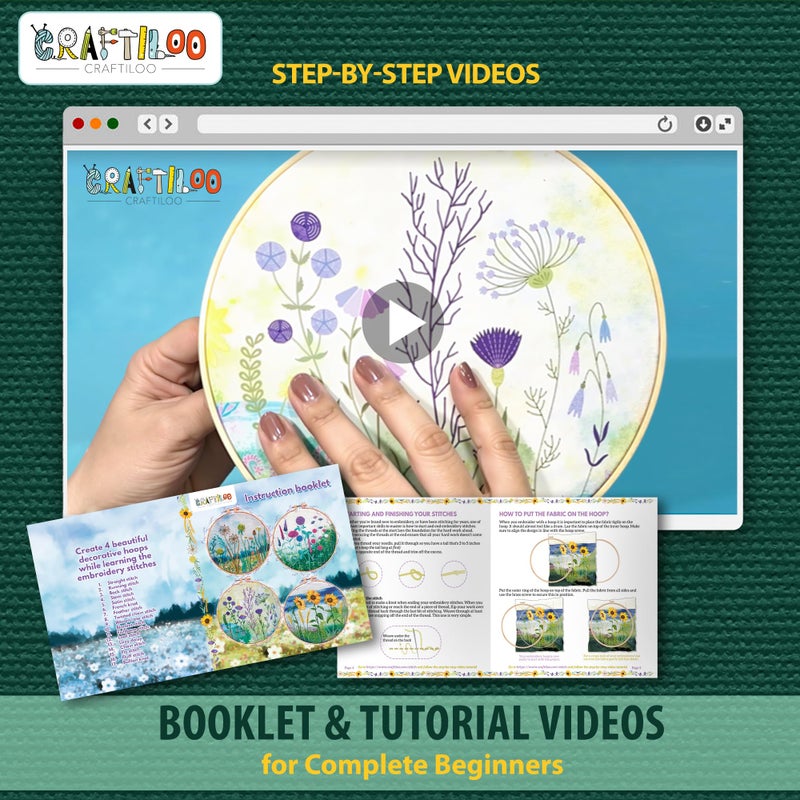 CRAFTILOO Embroidery Kit for Beginners Adults â€” 4 Floral Stamped Patterns, Learn 17 Stitches | Complete Needlepoint Kit with Hoop, Needles, Thread & Video Tutorial | Embroidery Kits for Adults Women - Image 5