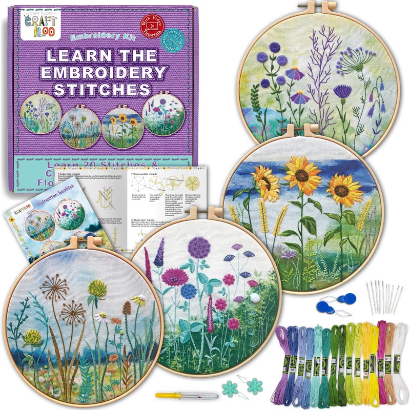 CRAFTILOO Embroidery Kit for Beginners Adults â€” 4 Floral Stamped Patterns, Learn 17 Stitches | Complete Needlepoint Kit with Hoop, Needles, Thread & Video Tutorial | Embroidery Kits for Adults Women - Image 1