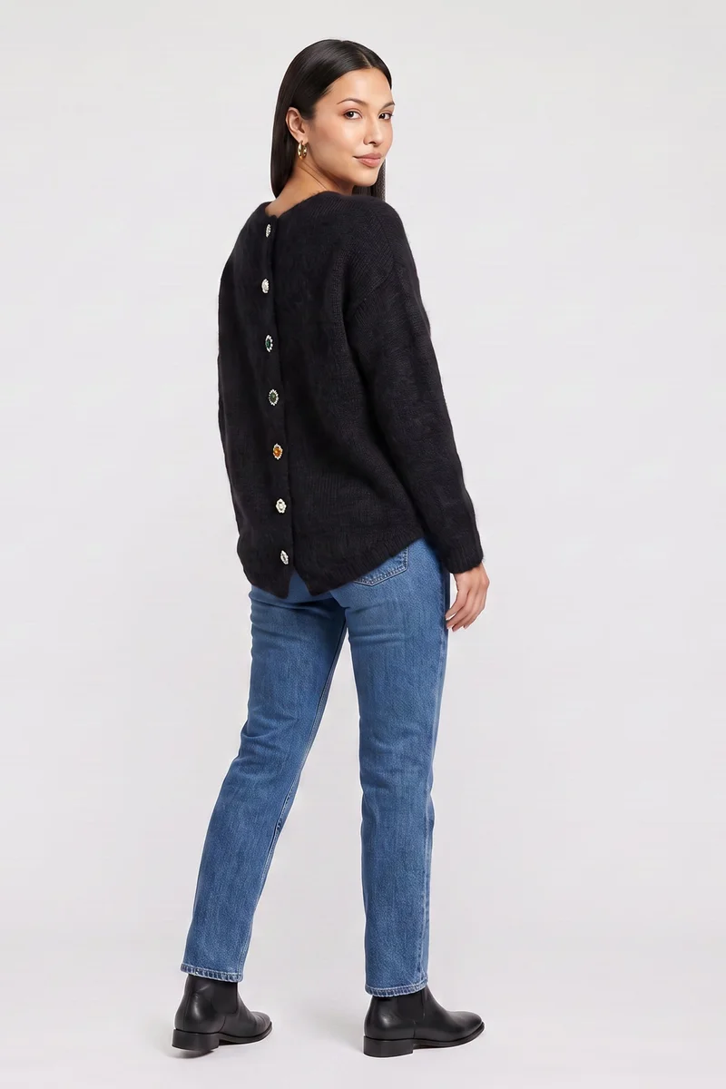 Gini London Black Long Sleeve Jewelled Back Knit Jumper