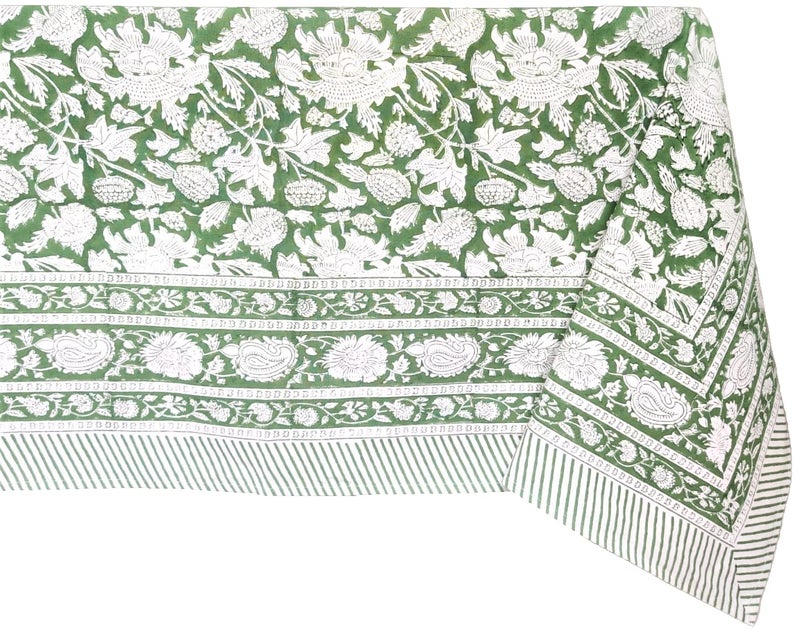 ATOSII Meraki Green 100 Cotton Rectangle Tablecloth Hand Block Print Washable Table Cover Dining Christmas Parties Outdoors Weddings Thanksgiving Halloween Fall Decor 60 X 90 Inches 6 Seater