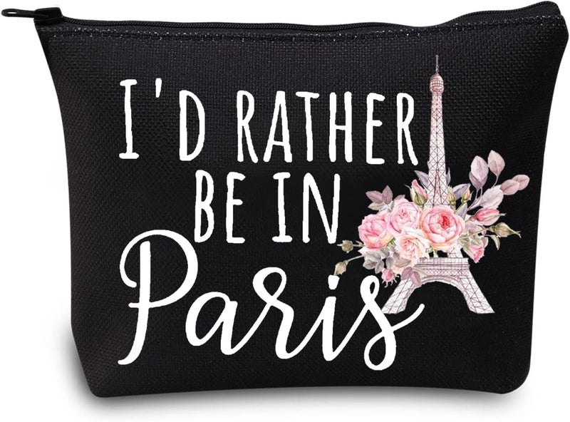 LEVLO Funny Eiffel Tower Cosmetic Make Up Bag France Paris Travelers Gifts id Rather Be In Paris Makeup Zipper Pouch Bag For Women Be In Paris Black Make Up Bag