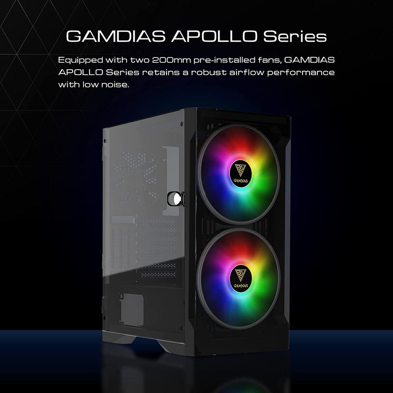 GAMDIAS حافظة كمبيوتر ألعاب GAMDIAS ATX Mid Tower لأجهزة الكمبيوتر المكتبية و PC، مروحتان 200 مم ARGB LED متزامنتان مع اللوحات الأم، تدعم مبرد أمامي 360 مم وعلوي 240 مم، زجاج مقسى أسود من الأمام والجانب - Image 2