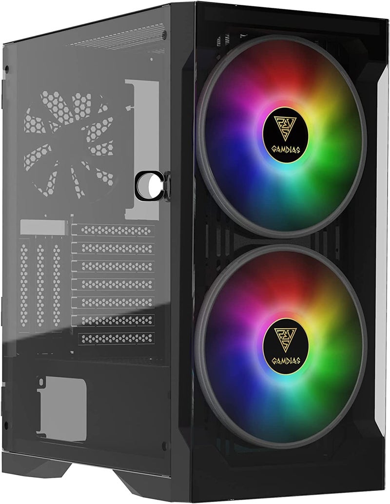 GAMDIAS حافظة كمبيوتر ألعاب GAMDIAS ATX Mid Tower لأجهزة الكمبيوتر المكتبية و PC، مروحتان 200 مم ARGB LED متزامنتان مع اللوحات الأم، تدعم مبرد أمامي 360 مم وعلوي 240 مم، زجاج مقسى أسود من الأمام والجانب - Image 1
