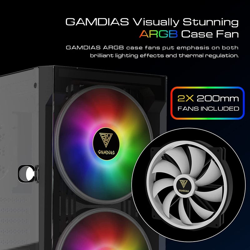 GAMDIAS حافظة كمبيوتر ألعاب GAMDIAS ATX Mid Tower لأجهزة الكمبيوتر المكتبية و PC، مروحتان 200 مم ARGB LED متزامنتان مع اللوحات الأم، تدعم مبرد أمامي 360 مم وعلوي 240 مم، زجاج مقسى أسود من الأمام والجانب - Image 4