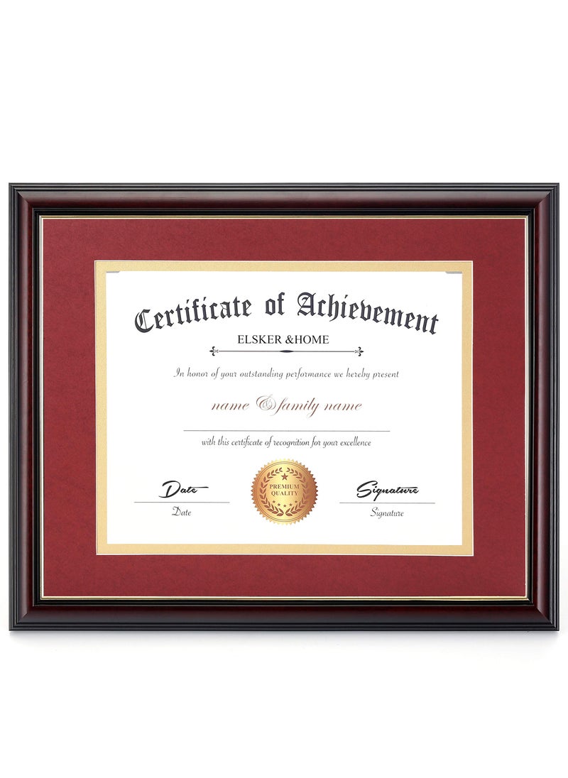 ELSKER&HOME ELSKERHOME 85x11 Document Frame  Matte Reddish Brown Wood Color Frame  Made for Certificates Sized 85x11 Inch with Mat and 11x14 Inch Without Mat Double MatRed with Golden Rim 