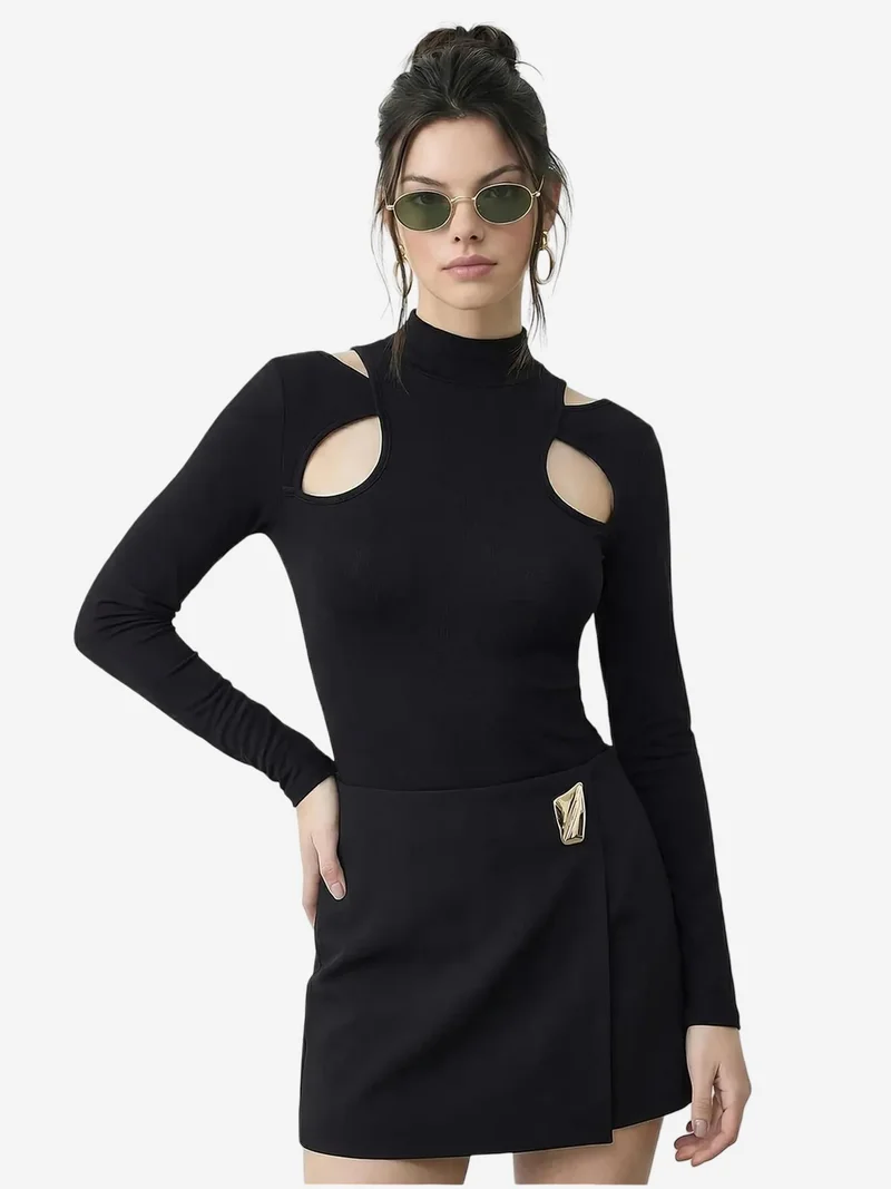 Bianco Lucci LUCCI Slim Fit Half Turtleneck Cut Out Blouse