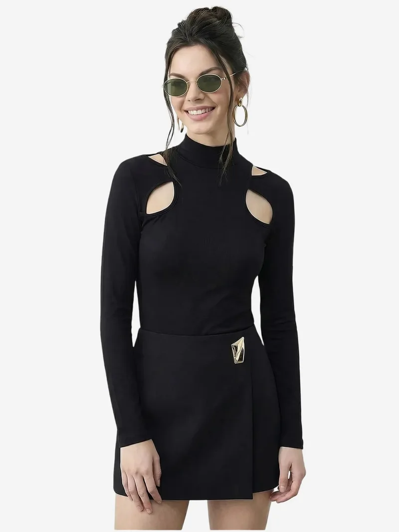Bianco Lucci LUCCI Slim Fit Half Turtleneck Cut Out Blouse