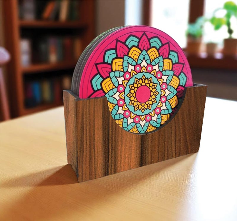 Tresneria Set of 6 Mandala Design MDF Wooden Coasters with Holder | Round Tabletop Drink Mats for Tea Coffee | Decorative Cup Coasters for Home Office Dining Table - Image 3