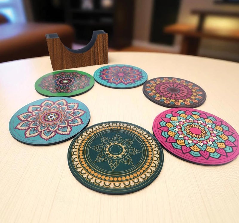 Tresneria Set of 6 Mandala Design MDF Wooden Coasters with Holder | Round Tabletop Drink Mats for Tea Coffee | Decorative Cup Coasters for Home Office Dining Table - Image 4