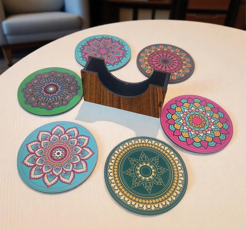 Tresneria Set of 6 Mandala Design MDF Wooden Coasters with Holder | Round Tabletop Drink Mats for Tea Coffee | Decorative Cup Coasters for Home Office Dining Table - Image 2