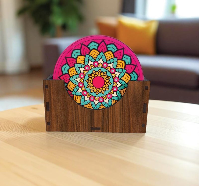 Tresneria Set of 6 Mandala Design MDF Wooden Coasters with Holder | Round Tabletop Drink Mats for Tea Coffee | Decorative Cup Coasters for Home Office Dining Table - Image 5