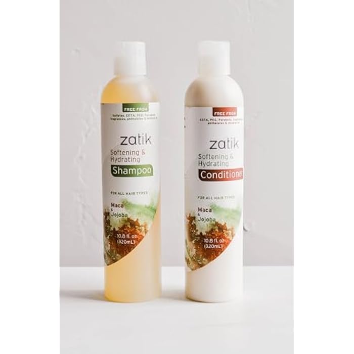 Zatik Naturals - Softening & Hydrating Shampoo + Conditioner Set - with Maca and Jojoba for all Hair, Vegan, Biodegradable, pH Balanced, Free From Sulfates, 10.8 fl oz (One of Each) - Image 1