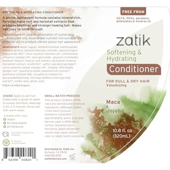 Zatik Naturals - Softening & Hydrating Shampoo + Conditioner Set - with Maca and Jojoba for all Hair, Vegan, Biodegradable, pH Balanced, Free From Sulfates, 10.8 fl oz (One of Each) - Image 3