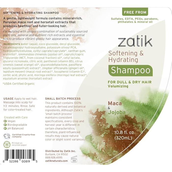 Zatik Naturals - Softening & Hydrating Shampoo + Conditioner Set - with Maca and Jojoba for all Hair, Vegan, Biodegradable, pH Balanced, Free From Sulfates, 10.8 fl oz (One of Each) - Image 2