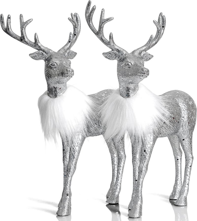 Ornativity Silver Glitter Christmas Reindeer - Xmas Holiday Party Deer Figurine Statues Dinner Tabletop Decorations Centerpiece Mantle - 12" Pack of 2 - Image 1