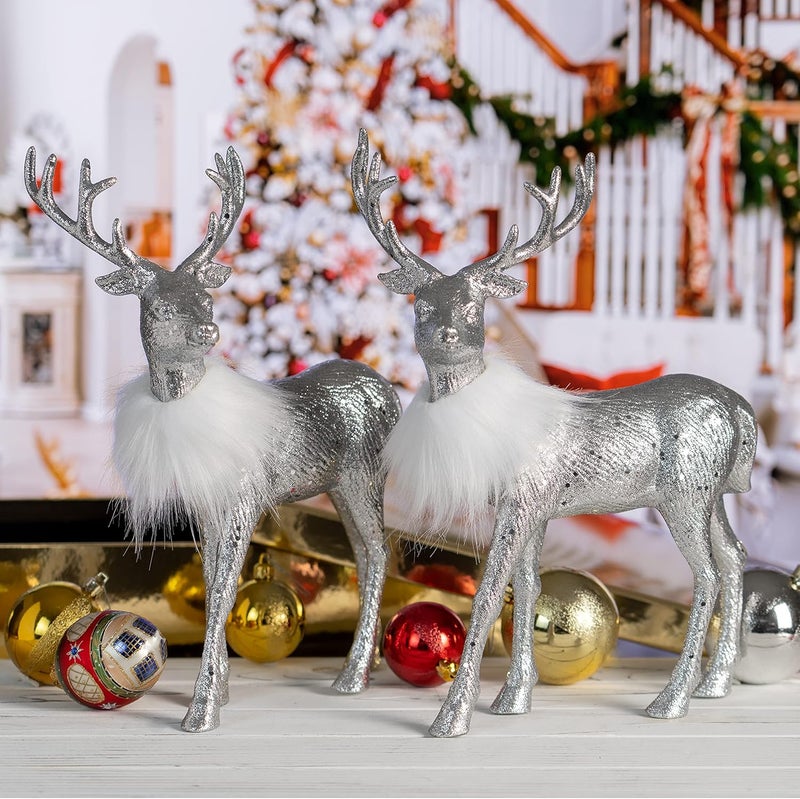 Ornativity Silver Glitter Christmas Reindeer - Xmas Holiday Party Deer Figurine Statues Dinner Tabletop Decorations Centerpiece Mantle - 12" Pack of 2 - Image 4