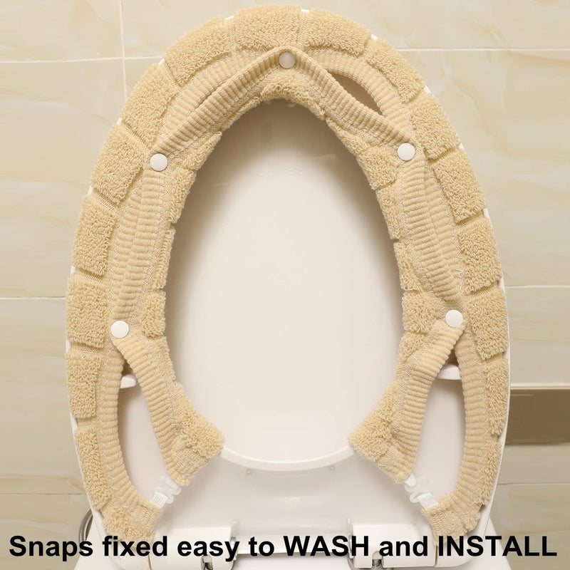 SENOMOR Toilet Seat Cover,Bathroom Soft Thicker Warmer with Snaps Fixed Stretchable Washable Fiber Cloth Toilet Seat Covers Pads Easy Installation& Cleaning (beige) - Image 2