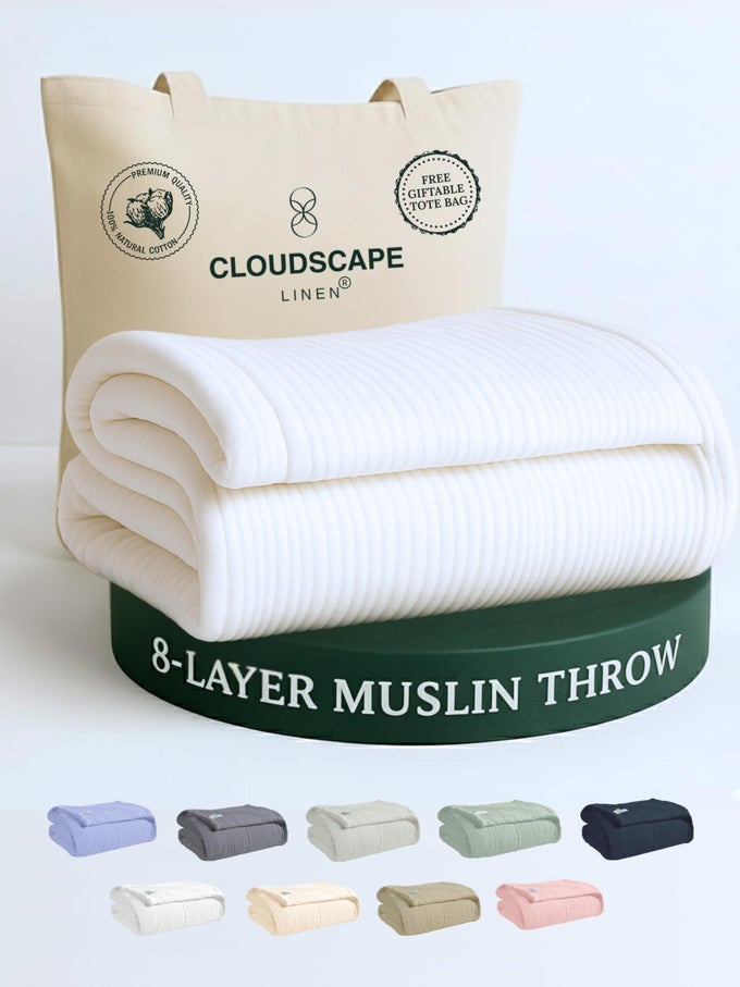 CLOUD SCAPE LINEN EXTRA LARGE 8 LAYER MUSLIN THROW BLANKET 100 COTTON GAUZE SOFT AND BREATHABLE WINTER BLANKET FOR COUCH SOFA AND BED IDEA 50X70 WHITE