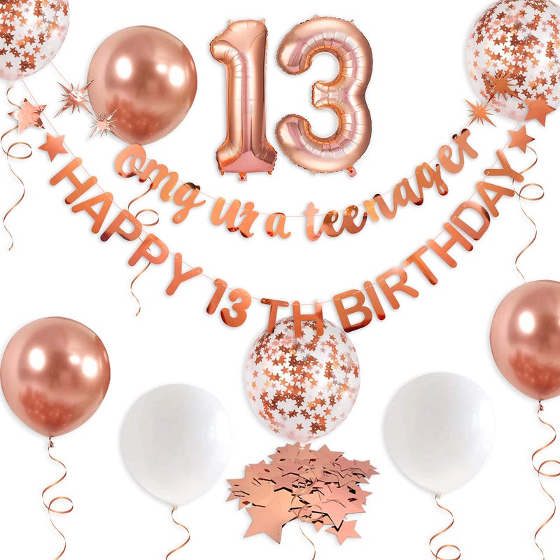 pinkblume Rose Gold Omg Ur A Teenager Happy 13th Birthday Banner Garland Foil Balloon 13 for 13 Birthday Decorations Official Teenager 13th Birthday Decor for Teen Girls 13 Year Old Birthday Party Supplies - Image 1
