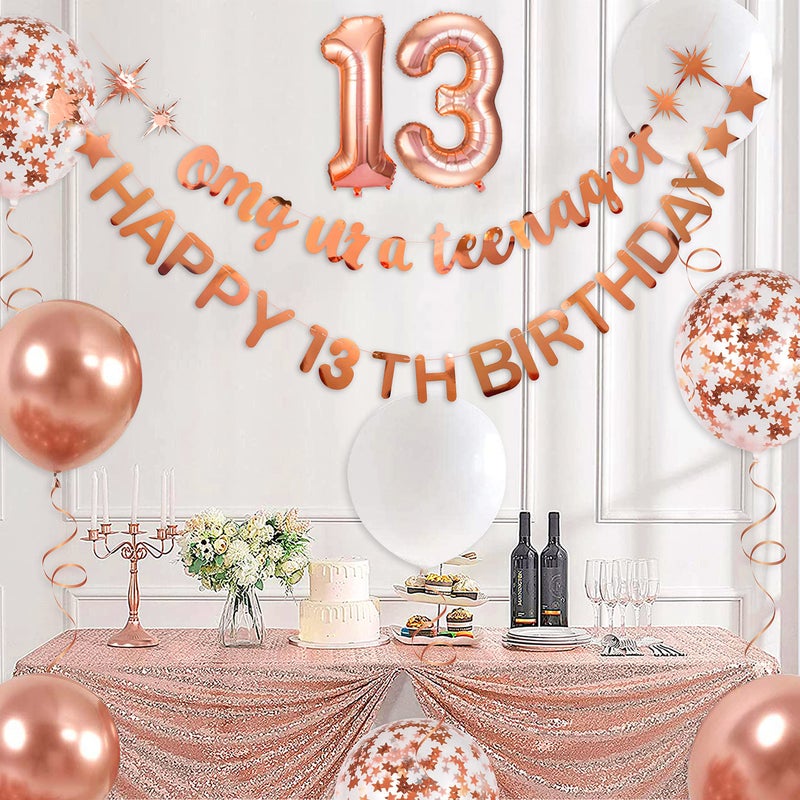 pinkblume Rose Gold Omg Ur A Teenager Happy 13th Birthday Banner Garland Foil Balloon 13 for 13 Birthday Decorations Official Teenager 13th Birthday Decor for Teen Girls 13 Year Old Birthday Party Supplies - Image 3