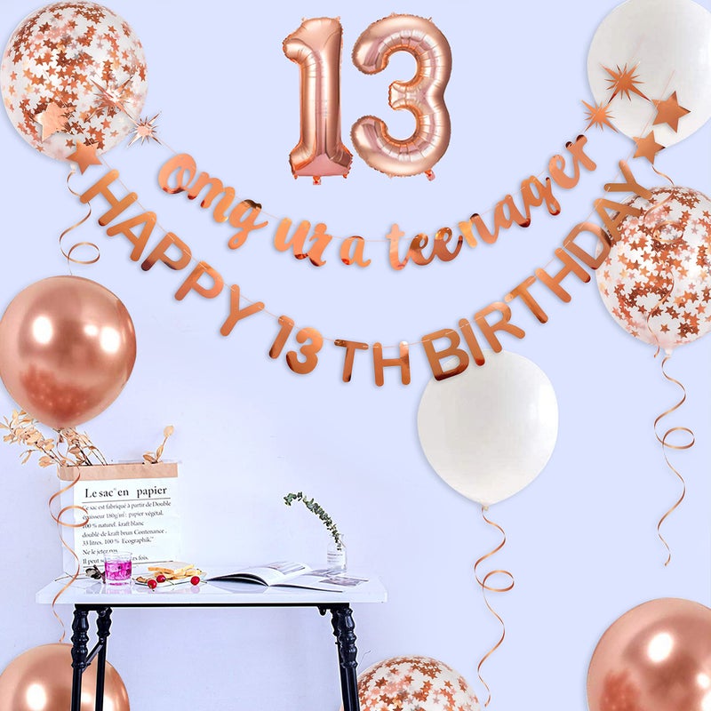pinkblume Rose Gold Omg Ur A Teenager Happy 13th Birthday Banner Garland Foil Balloon 13 for 13 Birthday Decorations Official Teenager 13th Birthday Decor for Teen Girls 13 Year Old Birthday Party Supplies - Image 5