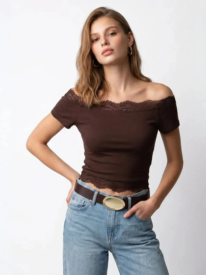 Mixray Coffee Brown MIXRAY Embroidered Slim-fit Boat Neck Crop Top for Women | Best Price UAE