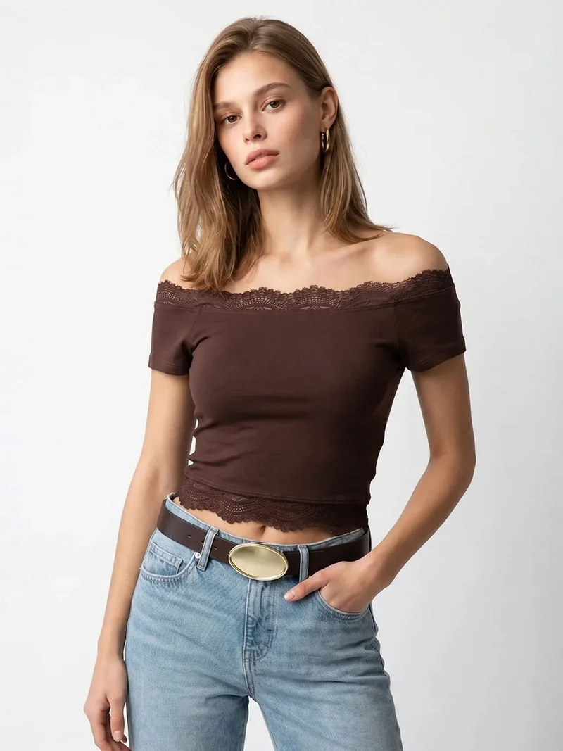 Mixray Coffee Brown MIXRAY Embroidered Slim-fit Boat Neck Crop Top for Women | Best Price UAE