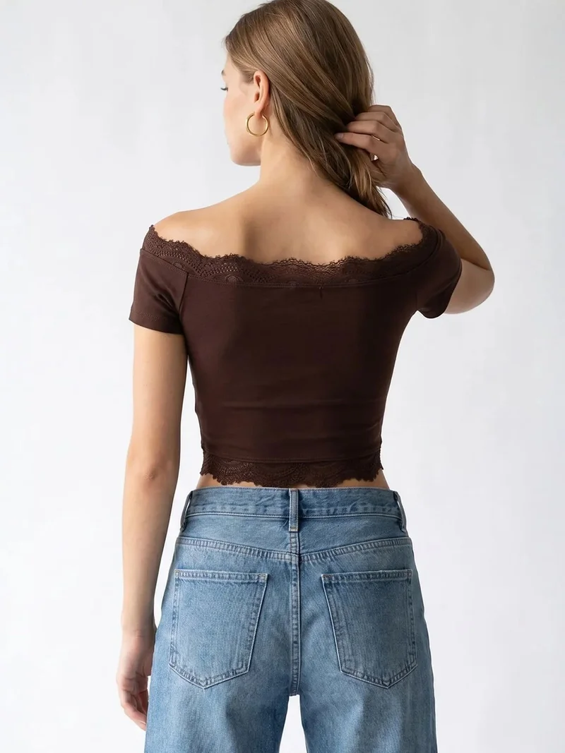 Mixray Coffee Brown MIXRAY Embroidered Slim-fit Boat Neck Crop Top for Women | Best Price UAE