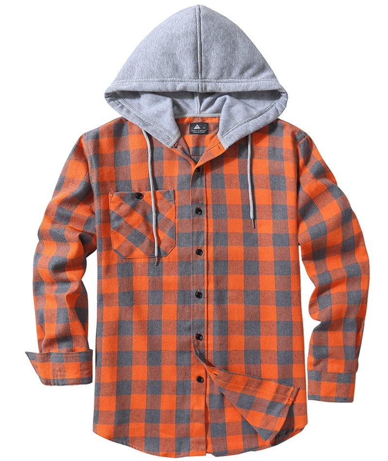 ZITY Men's Flannel Hoodie Shirts Casual Button Down Plaid Shirt Jackets for Men Long Sleeve Stylish Hooded with Pocket Orange Grey Medium - Image 3