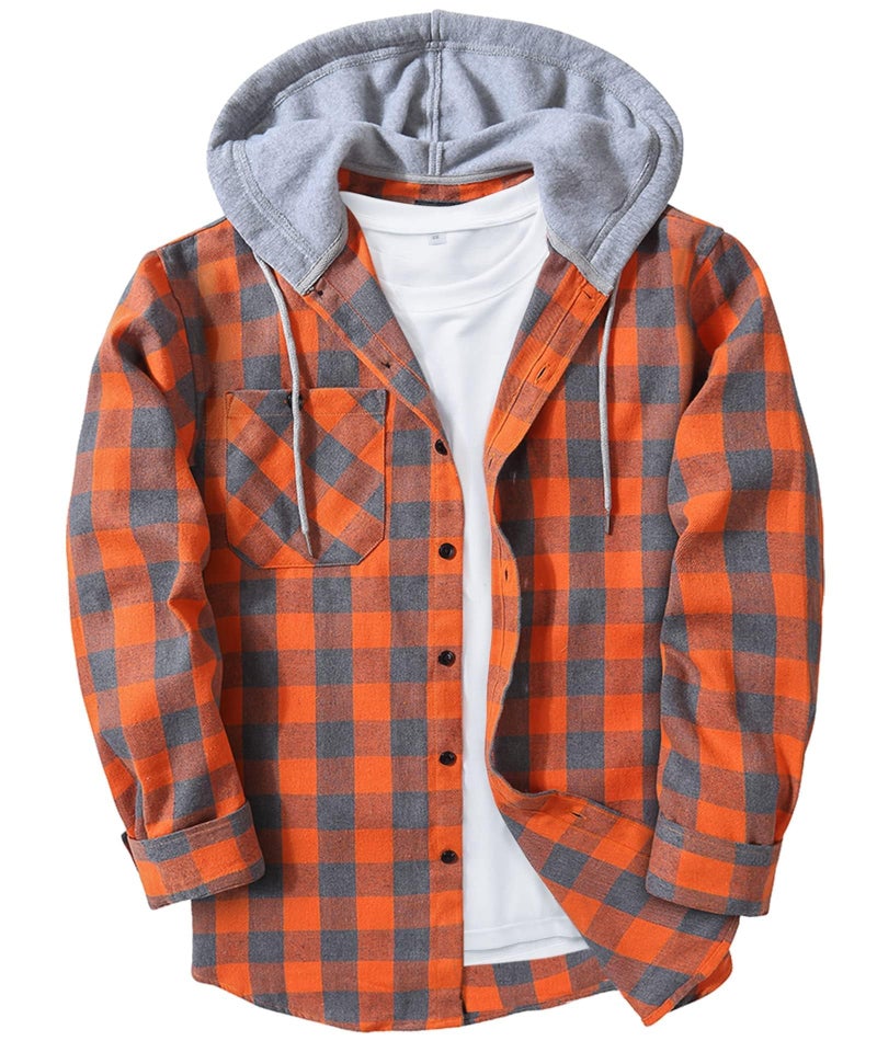 ZITY Men's Flannel Hoodie Shirts Casual Button Down Plaid Shirt Jackets for Men Long Sleeve Stylish Hooded with Pocket Orange Grey Medium - Image 1