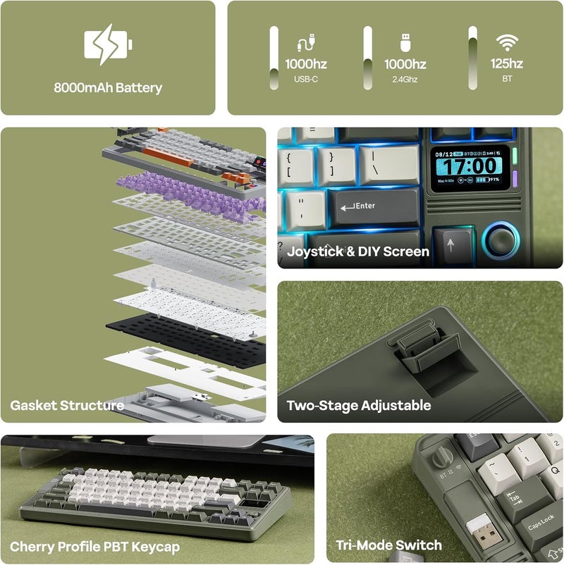 EPOMAKER RT85 Wireless Mechanical Keyboard with Joystick & DIY Screen, 8000mAh, BT/USB/2.4Ghz, Hot-Swap, PBT Keycap, Creamy Gasket, 75% Gaming Keyboard, US QWERTY (Army Green, Wisteria Linear) - Image 3