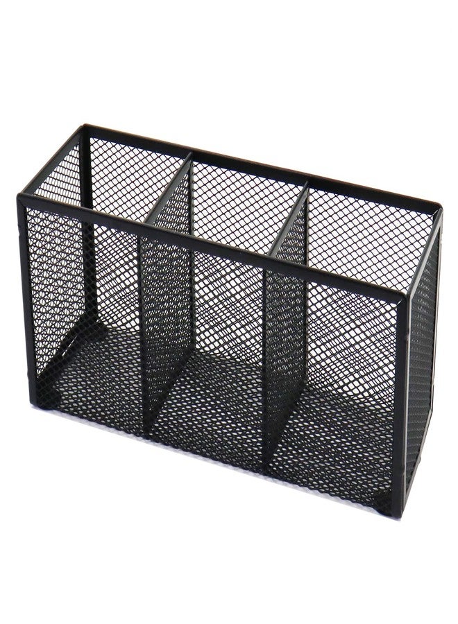Flytreal Black Mesh Pen Pencil Holder, Small Metal Desk Organizer Desktop Stationery Office Supplies Acessories Storage Stand, 3 Compartments Brushes Holder for Home School Classroom Teachers - Image 1