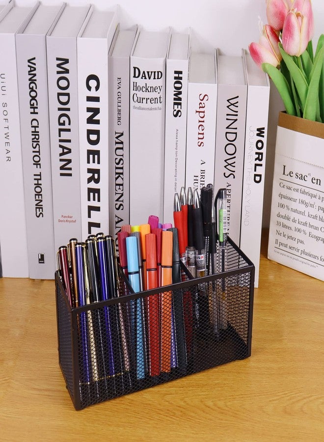 Flytreal Black Mesh Pen Pencil Holder, Small Metal Desk Organizer Desktop Stationery Office Supplies Acessories Storage Stand, 3 Compartments Brushes Holder for Home School Classroom Teachers - Image 4