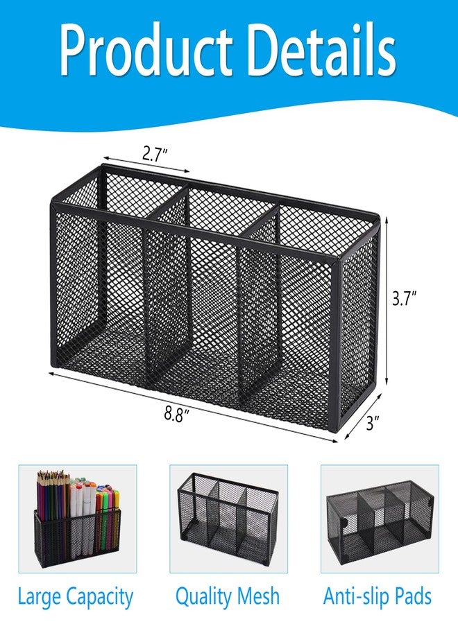 Flytreal Black Mesh Pen Pencil Holder, Small Metal Desk Organizer Desktop Stationery Office Supplies Acessories Storage Stand, 3 Compartments Brushes Holder for Home School Classroom Teachers - Image 2