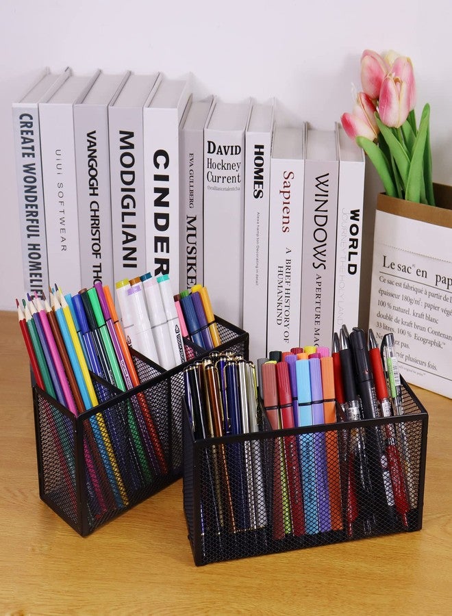 Flytreal Black Mesh Pen Pencil Holder, Small Metal Desk Organizer Desktop Stationery Office Supplies Acessories Storage Stand, 3 Compartments Brushes Holder for Home School Classroom Teachers - Image 5