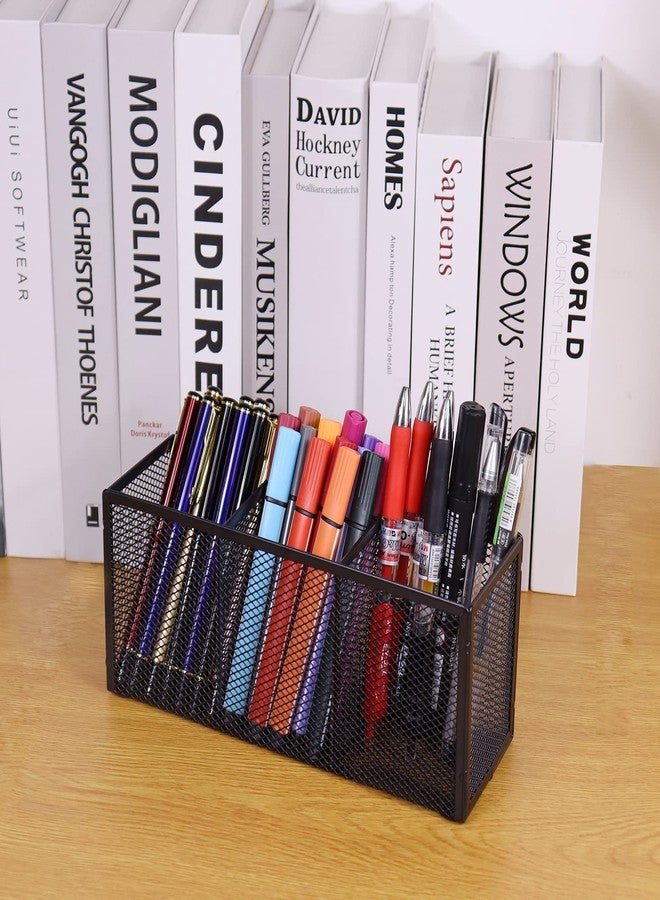 Flytreal Black Mesh Pen Pencil Holder, Small Metal Desk Organizer Desktop Stationery Office Supplies Acessories Storage Stand, 3 Compartments Brushes Holder for Home School Classroom Teachers - Image 3