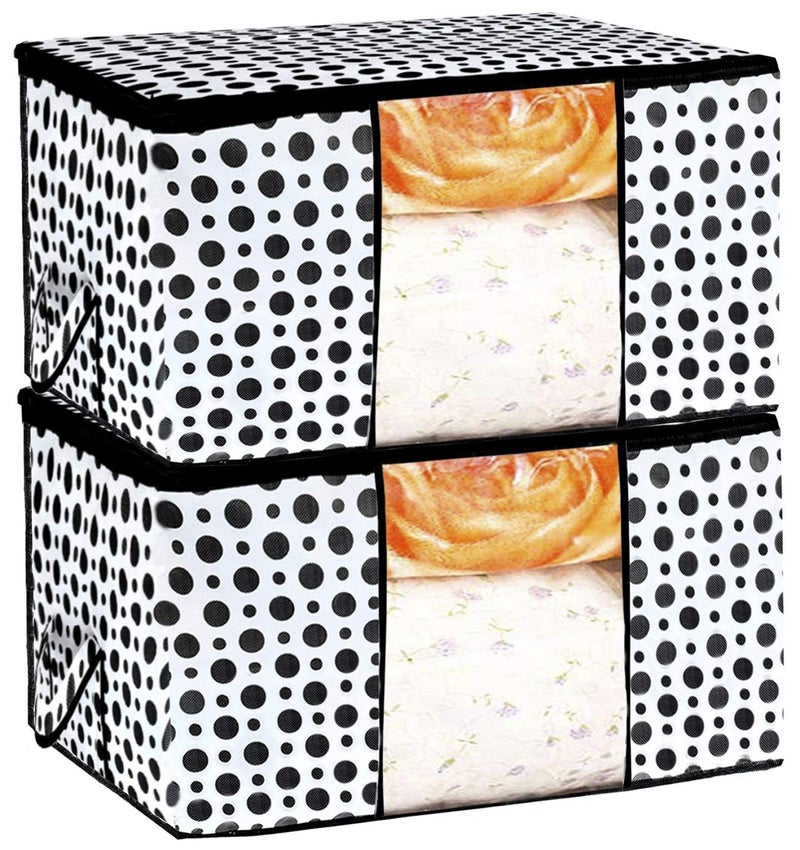 Kuber Industries Exclusive Polka Dots Design Non Woven Blanket Cloth Underbed Storage Organiser with Transparent Window CTLTC038109 Black and White 31 cms 2 Pieces - Image 1