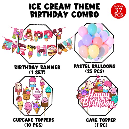 Zyozique Ice Cream Party Favor Decorations,Ice Cream Happy Birthday Paper Banner ,Cake Topper,Cupcake Topper and Pastel Balloons for Kid's Ice Cream Theme Party,Summer Pool Party Supplies - Image 2