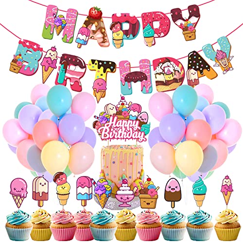 Zyozique Ice Cream Party Favor Decorations,Ice Cream Happy Birthday Paper Banner ,Cake Topper,Cupcake Topper and Pastel Balloons for Kid's Ice Cream Theme Party,Summer Pool Party Supplies - Image 1